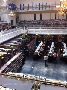 Taken from upstairs looking down at the library tables.  Half of the tables are missing because there was construction on the glass ceiling above that area.